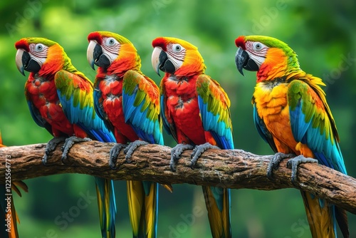 Vibrant Parrots Perched in Tropical Rainforest Featuring Stunning Summer Wildlife photo