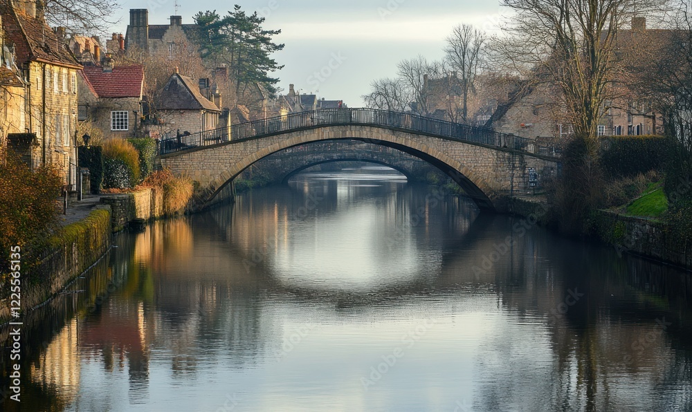 Stone Bridge Over Calm River in Quaint Village Setting Stone Bridge Over Calm River in Quaint Village Setting