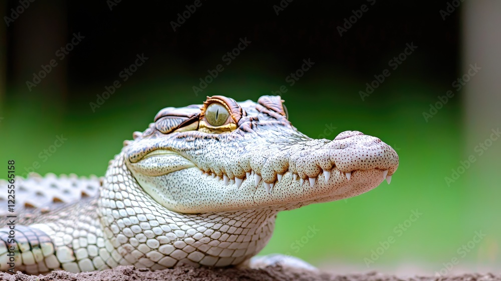 Fototapeta premium Juvenile alligator rests on the muddy ground against a soft green background in natural daylight.