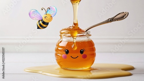 Honey jar with cute face, playful mood, dripping honey, whimsical design
 photo