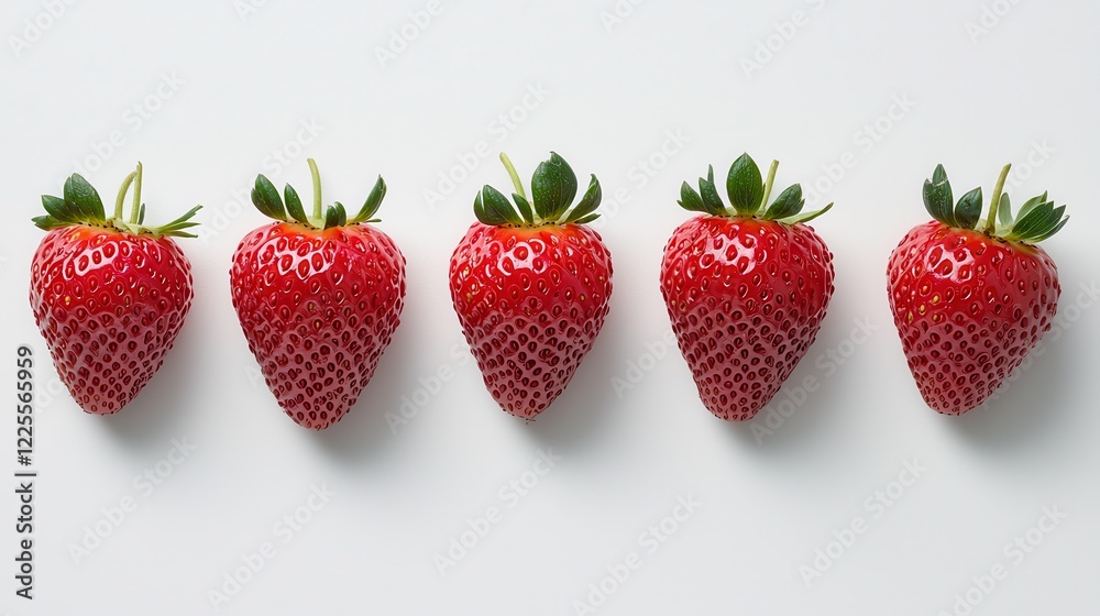 Fresh strawberries arranged in a neat row on a white surface with droplets of water gening on their surface, highlighting their vibrant red color and green leaves. Fresh strawberries arranged in a neat row on a white surface with droplets of water gening on their surface, highlighting their vibrant red color and green leaves.