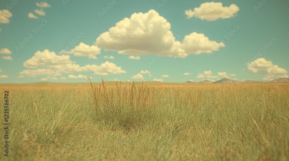 Fototapeta premium Serene grassland under a sunny sky, distant mountains. Peaceful nature scene, ideal for travel brochures