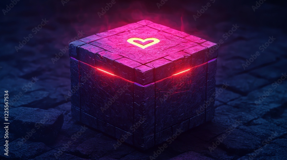 Obraz premium A mysterious glowing box with a heart symbol, evoking feelings of love and curiosity.