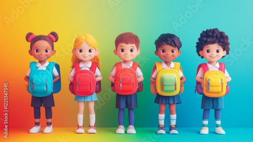 Five Diverse Cartoon Kids with Backpacks, Colorful Background, 3D Render, Back to School, School Children Back to School, Cartoon Kids
