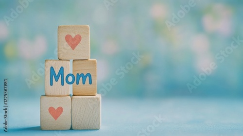 Wooden cubes with the text Mom and heart symbol on a blue background, a concept for Mother's Day celebration, isolated on a pastel blue studio backdrop.