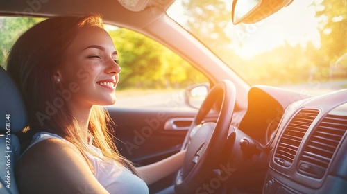 A woman drives her car, smiling confidently. She enjoys the cool air from her air conditioning.