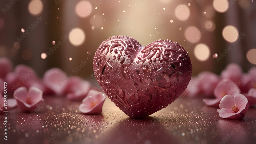 Fototapeta premium One perfectly crafted hearts, radiant in pink glitter, set within a dreamy, shiny environment that whispers romance.