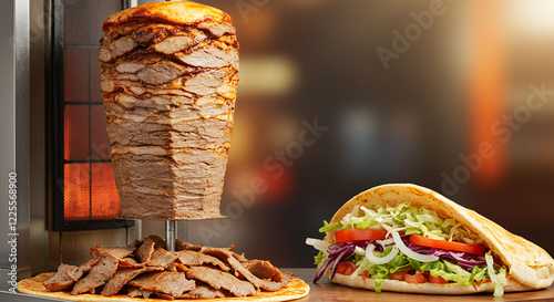 Delicious Gyro Meat on a Vertical Rotisserie with a Fresh Gyro Sandwich
