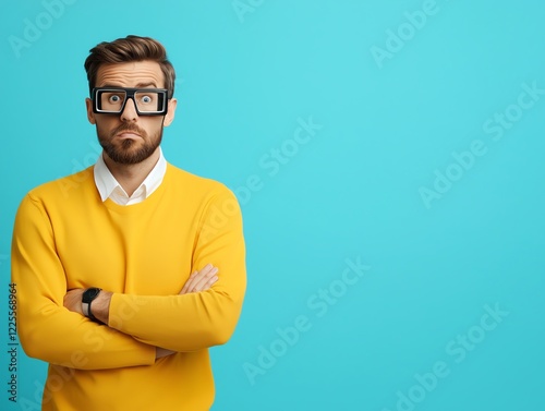 A young man with a stylish beard and glasses, wearing a bright yellow sweater against a vibrant blue background photo