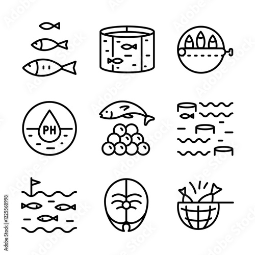 Fish farm icons set. Outline set of fish farm vector icons isolated on white background