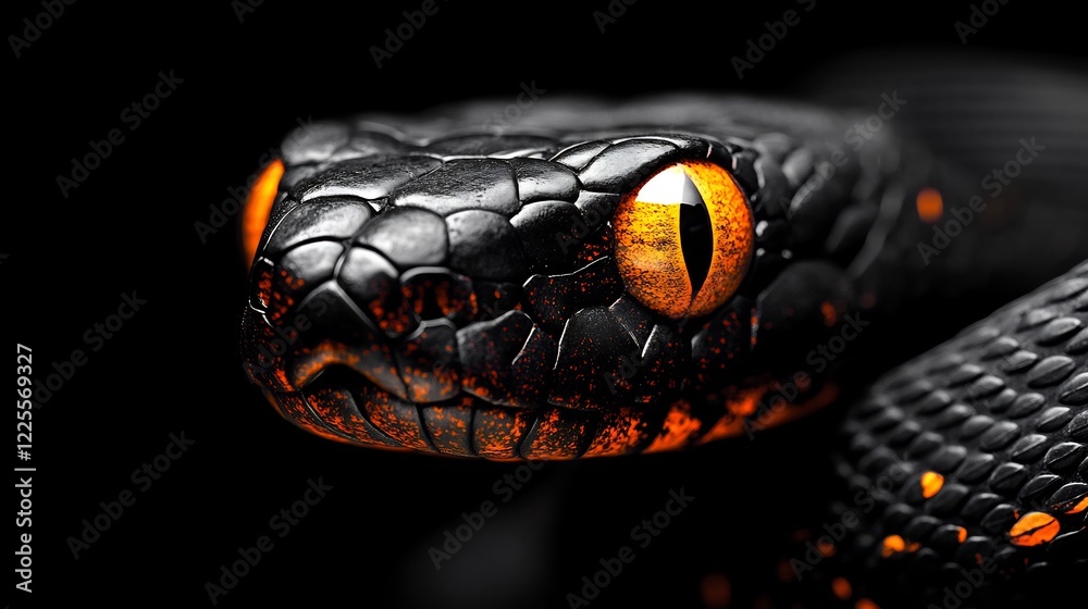 Fototapeta premium Fiery Gaze: A Close-Up of a Black Snake with Glowing Eyes