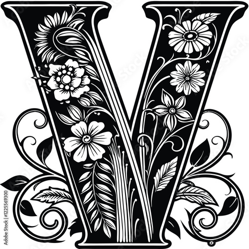 Floral Letter V
A beautifully detailed uppercase letter V adorned with delicate floral flourishes, swirling vines, and intricate botanical details.
Adobe Illustrator Artwork