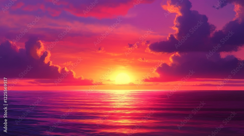 Fototapeta premium Vibrant sunset over the ocean, painting the sky in hues of pink, red, orange, and purple. The twilight sky meets the sea in a breathtaking landscape.