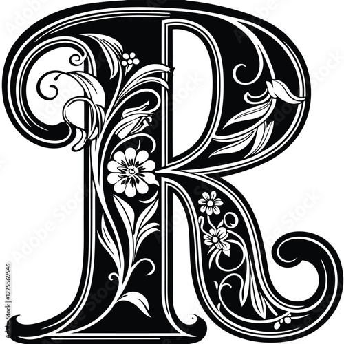 Floral Letter R
An uppercase letter R with delicate floral details, swirling vines, and intricate line work in black and white.
Adobe Illustrator Artwork