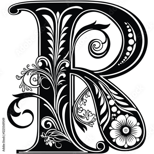 Floral Letter R
An uppercase letter R with delicate floral details, swirling vines, and intricate line work in black and white.
Adobe Illustrator Artwork