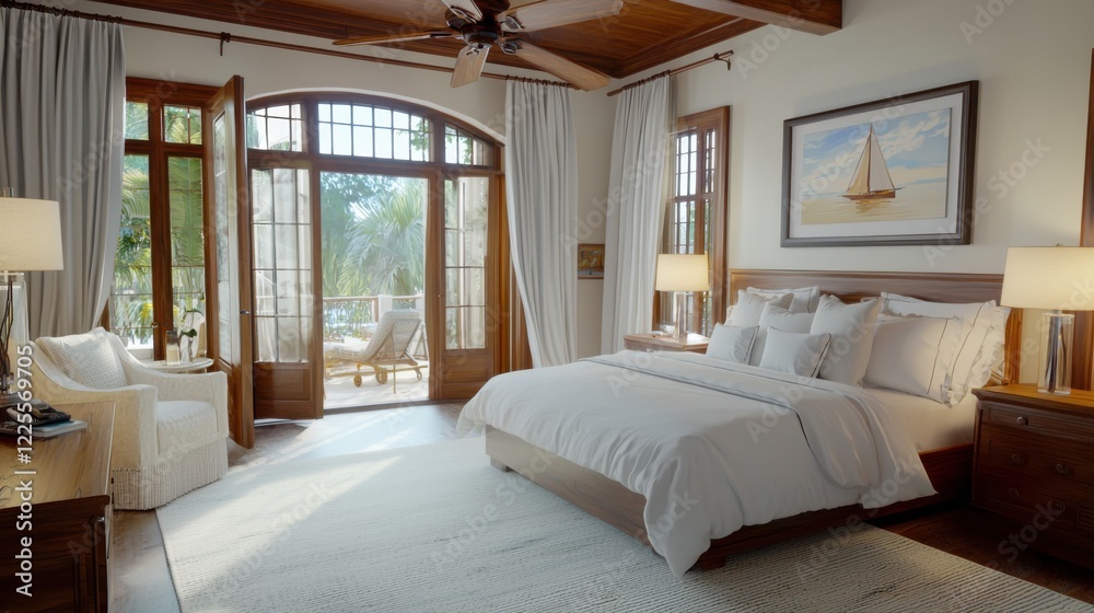 Cozy bedroom with wooden ceiling fan and billowing curtains in warm ambient light Cozy bedroom with wooden ceiling fan and billowing curtains in warm ambient light