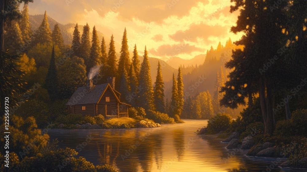 Fototapeta premium Golden Hour Cabin River Landscape Painting, Log Cabin, Sunset, Forest Scenery, Nature Art Keywords Digital Painting, Landscape Art