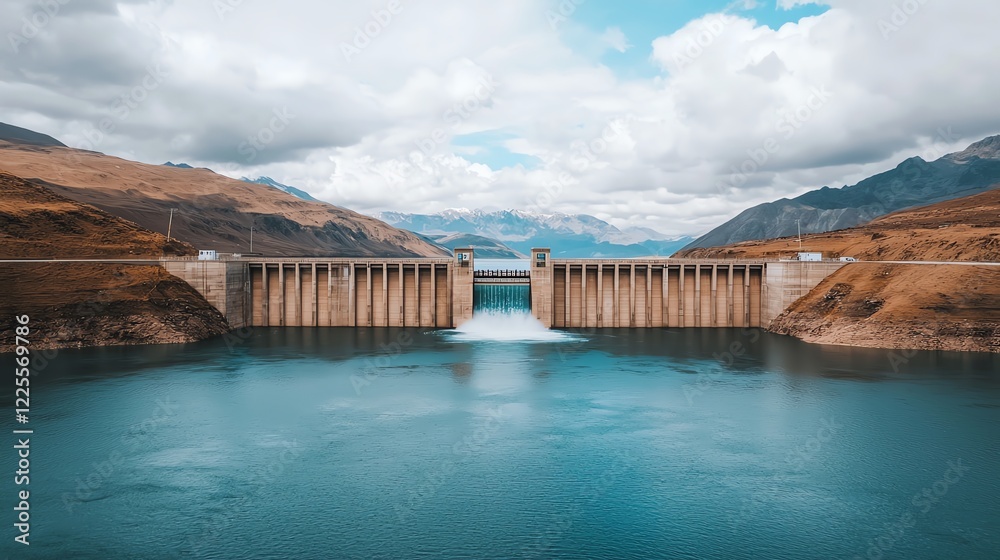 A stunning view of a dam surrounded by mountains and a blue lake under a cloudy sky. A stunning view of a dam surrounded by mountains and a blue lake under a cloudy sky.