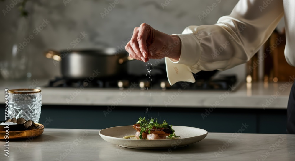 Female chef seasoning dish in modern kitchen with fresh herbs on white plate Female chef seasoning dish in modern kitchen with fresh herbs on white plate