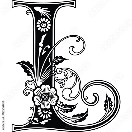 Floral Letter L
A stylish uppercase letter L adorned with delicate floral elements and artistic vine flourishes in black and white line drawing.
Adobe Illustrator Artwork