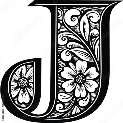  Floral Letter J
A beautifully detailed uppercase letter J with hand-drawn flowers and flowing botanical swirls, creating an artistic typography design. Adobe Illustrator Artwork