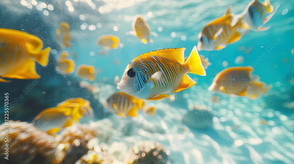Fototapeta premium Vibrant tropical fish swimming through clear ocean water, coral and bright colors all around