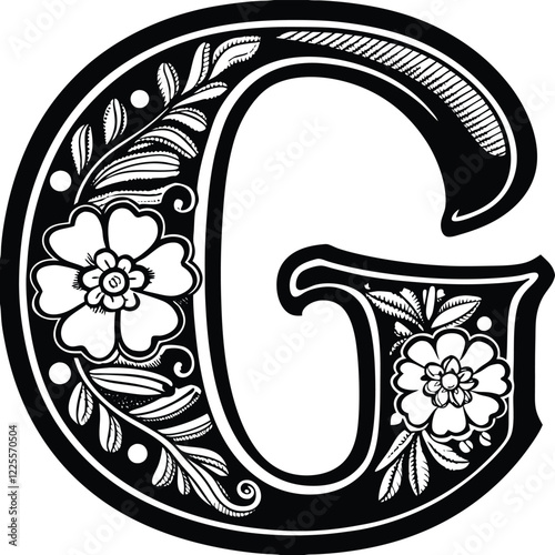  Floral Letter G
A decorative uppercase letter G with elegant floral motifs, botanical patterns, and delicate linework in black and white. Adobe Illustrator Artwork