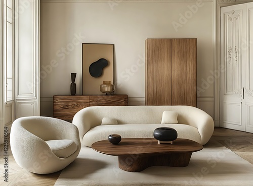Modern interior design of a beige living room with a large, comfortable sofa, armchair, and a stylish coffee table