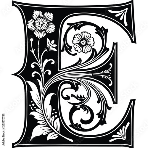 Floral Letter E
An uppercase letter E with delicate floral patterns, swirling vines, and intricate line details for creative projects. Adobe Illustrator Artwork