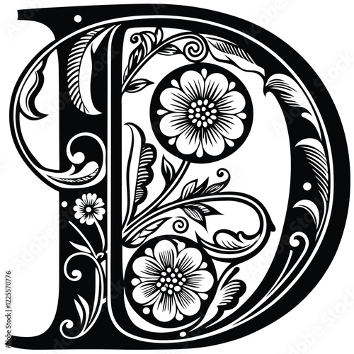 Floral Letter D
A stylish uppercase letter D covered in hand-drawn flowers, vines, and intricate botanical flourishes in line art. Adobe Illustrator Artwork