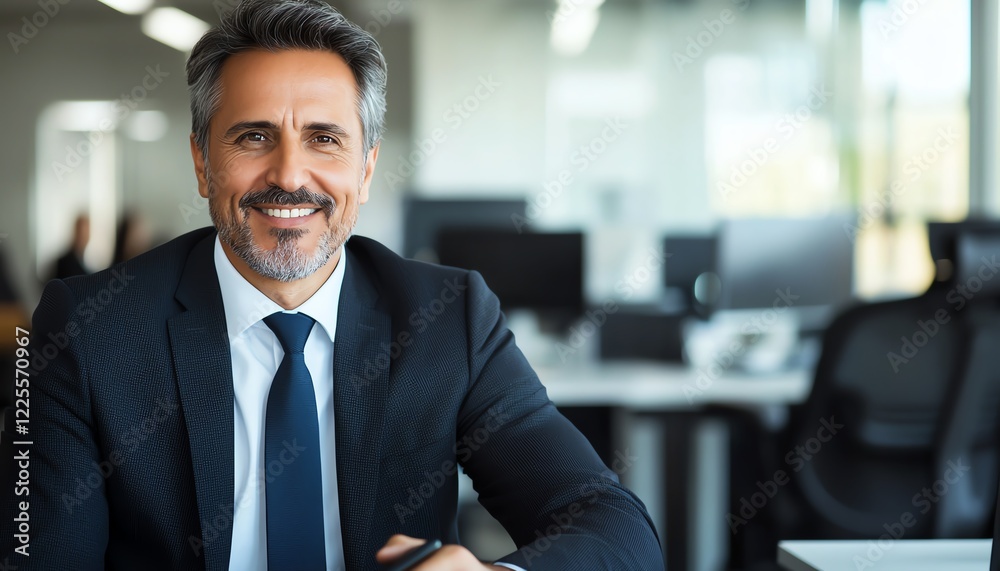 Fototapeta premium Confident businessman smiling in a modern office environment. Ideal for showcasing professionalism, leadership, and motivation in corporate settings.