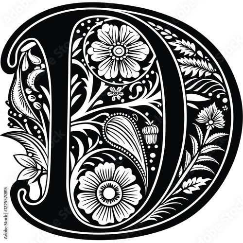 Floral Letter D
A stylish uppercase letter D covered in hand-drawn flowers, vines, and intricate botanical flourishes in line art. Adobe Illustrator Artwork