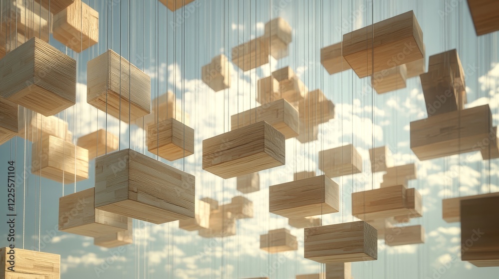 Suspended Wooden Cubes 3D Render, Abstract Composition, Light and Shadow, Minimalist Design Keywords 3D rendering, abstract art Suspended Wooden Cubes 3D Render, Abstract Composition, Light and Shadow, Minimalist Design Keywords 3D rendering, abstract art