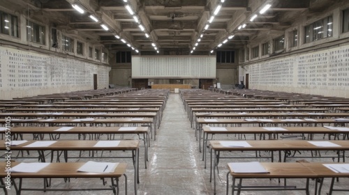 Empty examination hall with rows of desks and papers.
