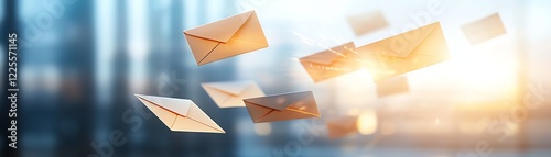 Dynamic image of flying envelopes symbolizing digital communication, connectivity, and correspondence in the modern business world. A visual representation of messages in transit.