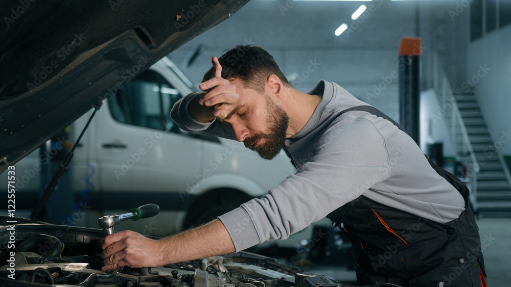 Caucasian mechanic in uniform repairing engine fixing motor inside open bonnet automobile professional auto service male vehicle engineer repairman man using wrench tool car maintenance in workshop Caucasian mechanic in uniform repairing engine fixing motor inside open bonnet automobile professional auto service male vehicle engineer repairman man using wrench tool car maintenance in workshop