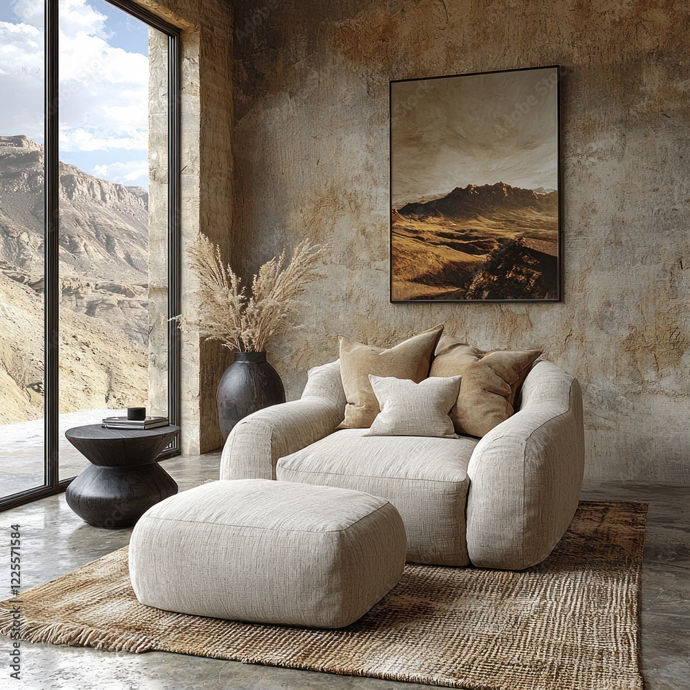 Fototapeta premium Modern Living Room Mountain View Relaxing Armchair