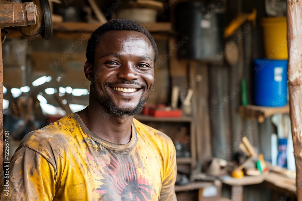 Obraz premium Smiling craftsman in a workshop surrounded by tools and materials, showcasing a vibrant atmosphere