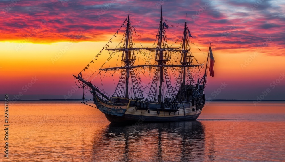 A large ship sails in the ocean at sunset A large ship sails in the ocean at sunset