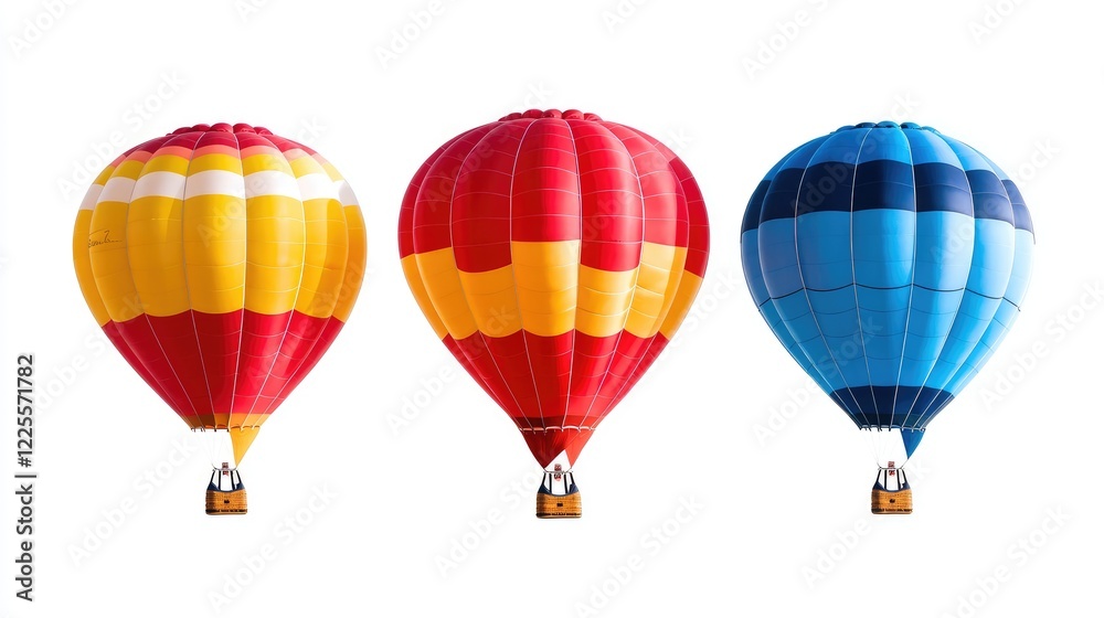 Obraz premium Three colorful hot air balloons in red, yellow, and blue arranged in a row against a white background.