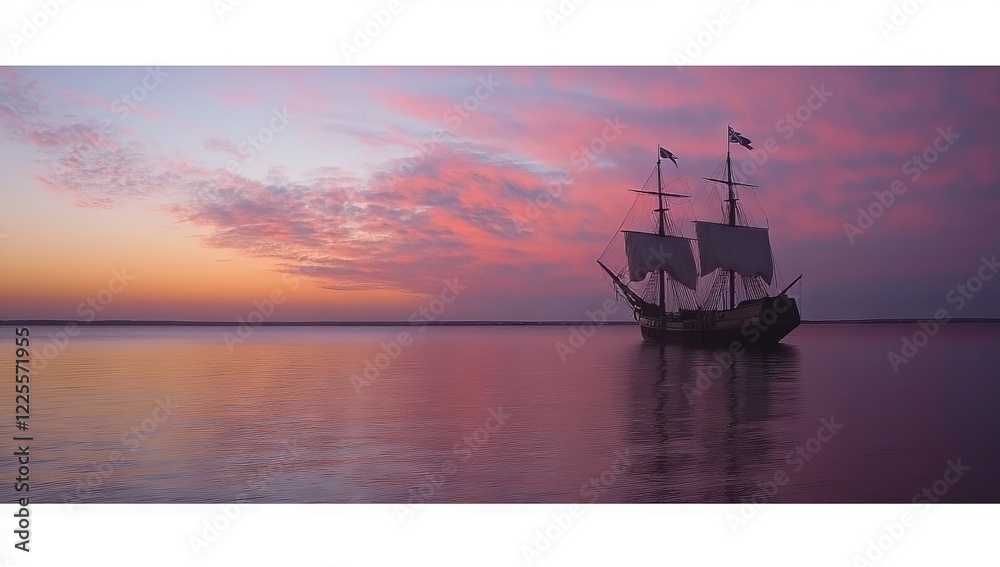 Fototapeta premium A large ship sails in the ocean at sunset