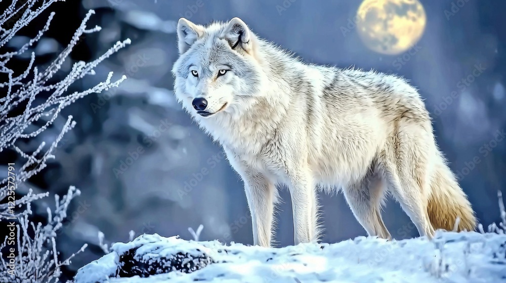 Fototapeta premium Lone wolf on snowy hill under pale moonlight at night