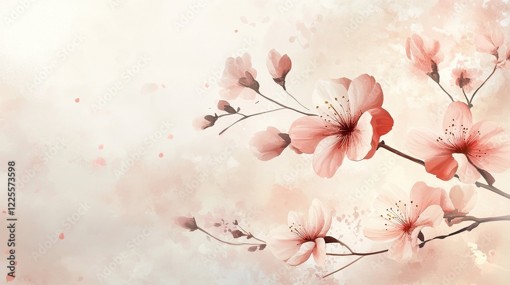Fototapeta premium Delicate Pink Blossoms on Branch Watercolor Painting