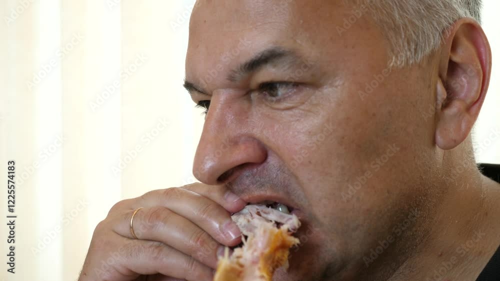 A man is eating chicken while sitting at the table. A man is eating chicken while sitting at the table.