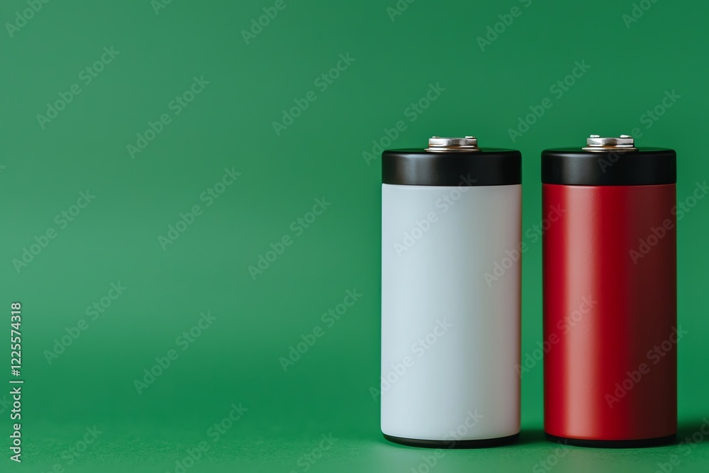 Close-up of red and white batteries on a vibrant green background. Close-up of red and white batteries on a vibrant green background.
