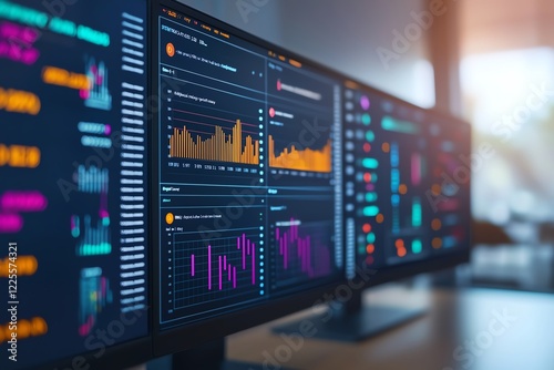 Wallpaper Mural Close-up of multiple monitors displaying data analytics visualizations and charts. Torontodigital.ca