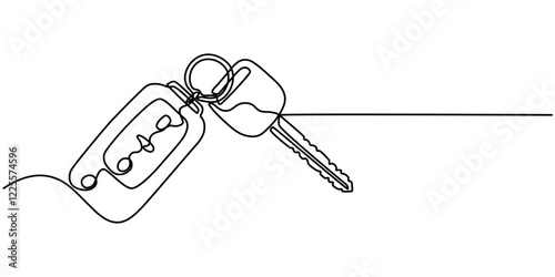 car key icon continuous one line drawing, Keys with Keychain Black Stroke Linear Icon, One continuous line drawing of house keys. Real estate and password and security concept in simple linear style. 