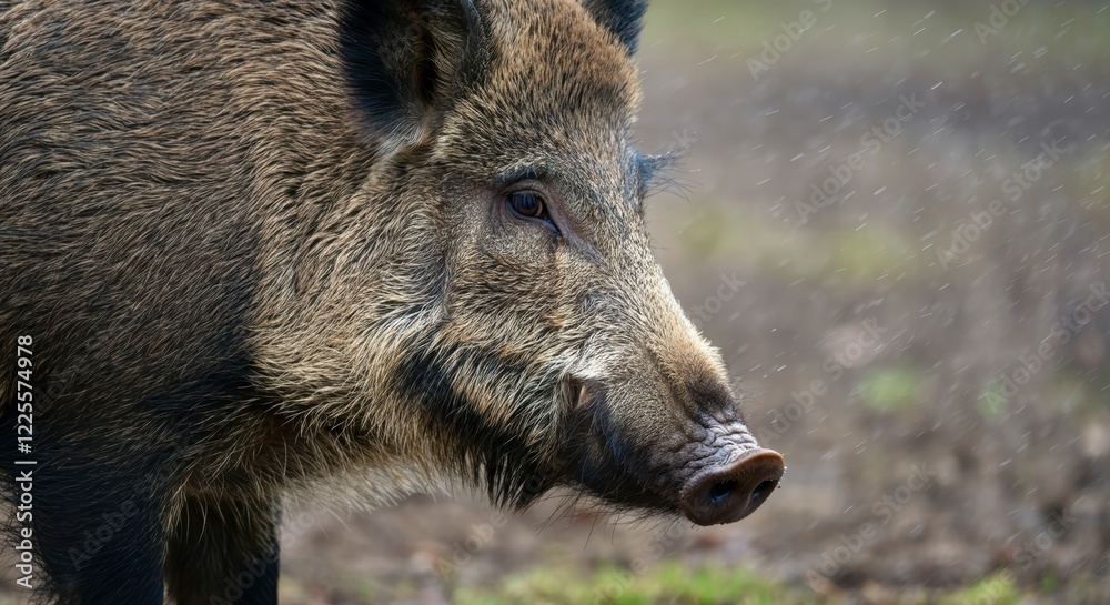 Wild boar in natural habitat close-up with detailed fur Wild boar in natural habitat close-up with detailed fur