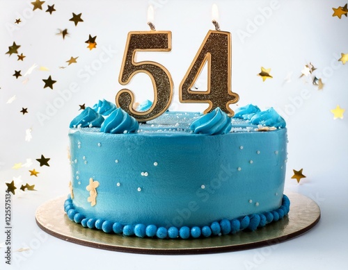 Decorated blue cake for birthday or anniversary party, candle number 54, white background photo