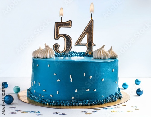 Decorated blue cake for birthday or anniversary party, candle number 54, white background photo